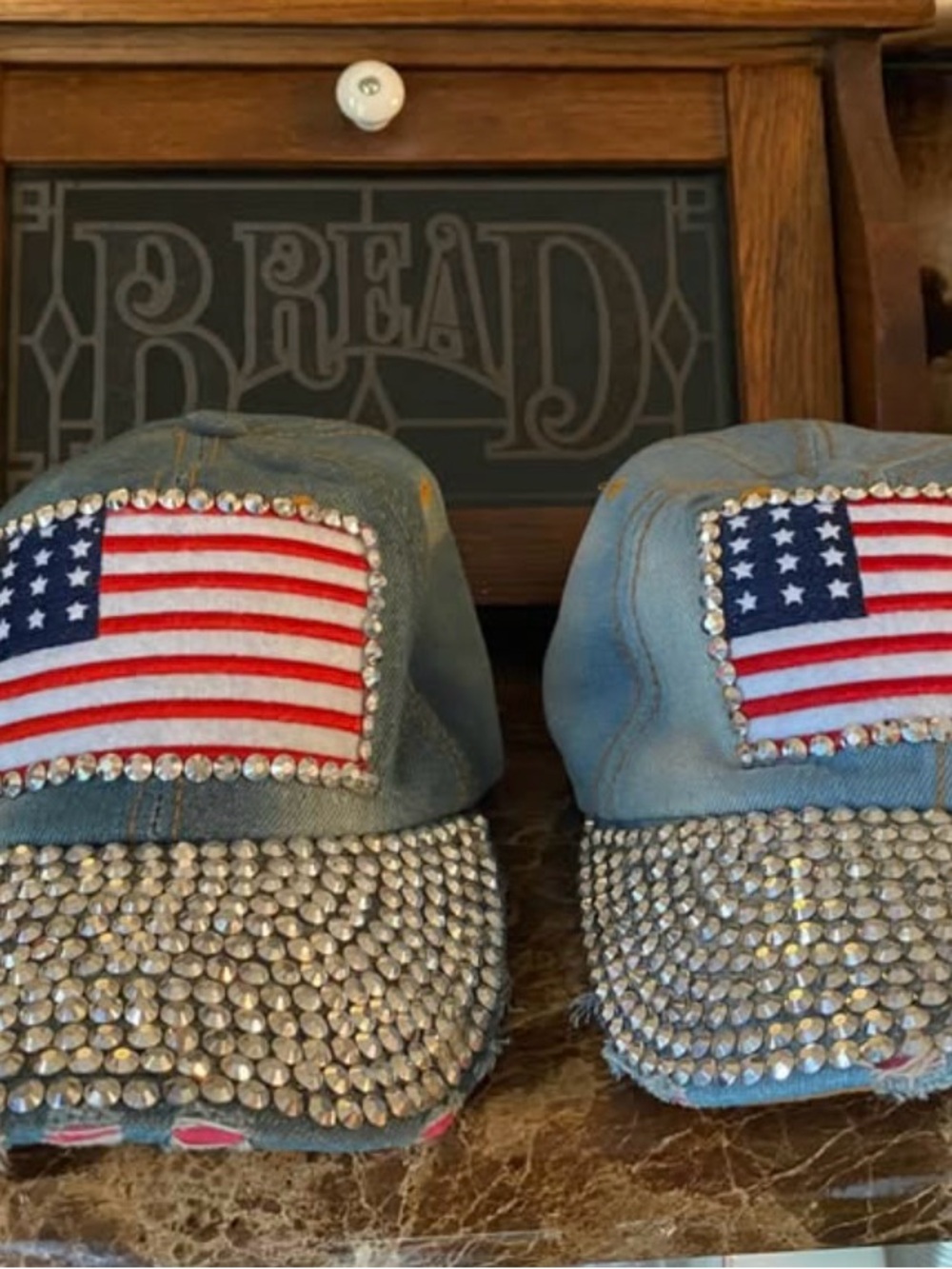 Adult Rhinestone Flag Denim Cap - Blue. $20 each.